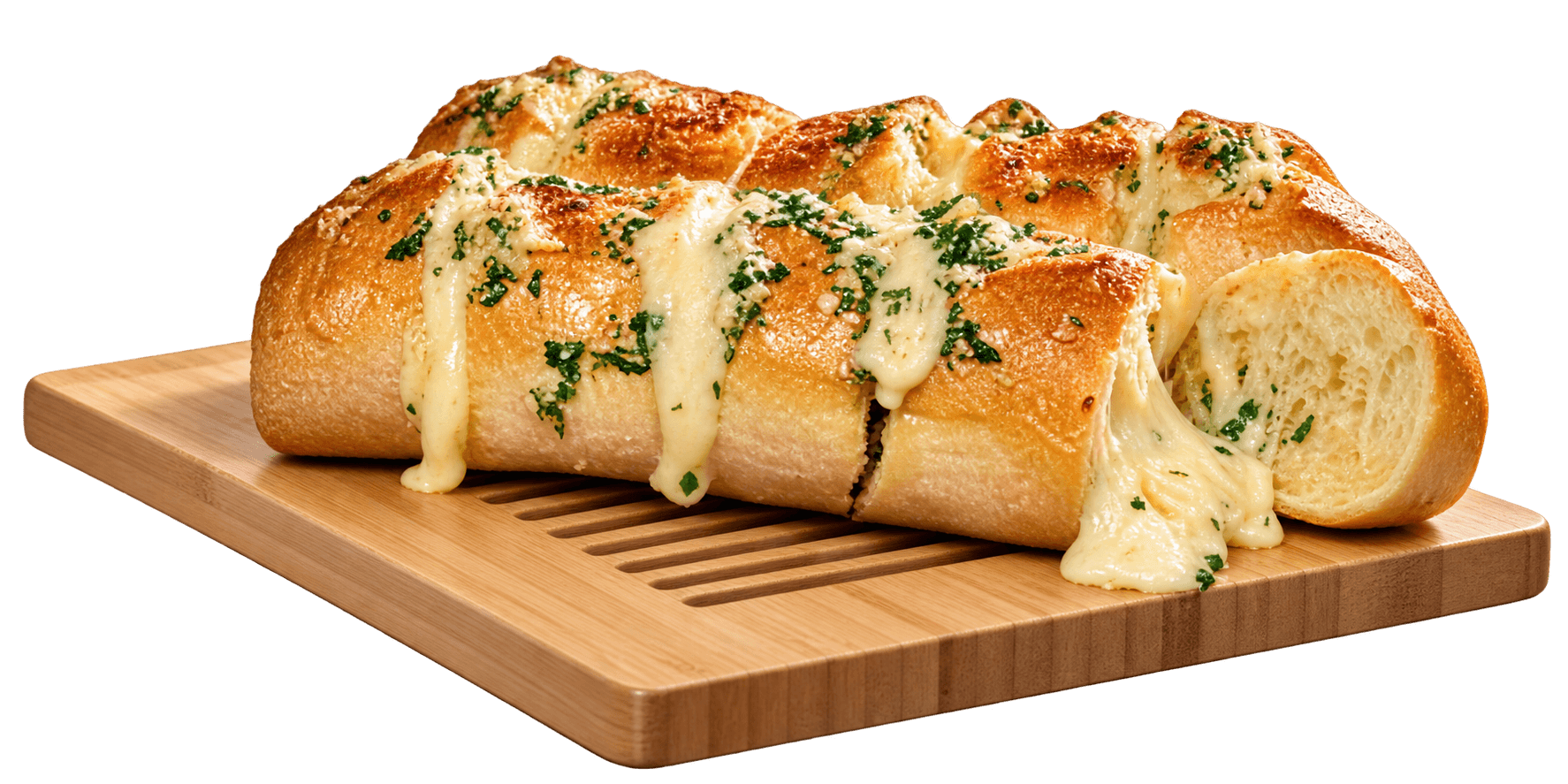 Pães de alho dourados com queijo derretido sobre uma tábua